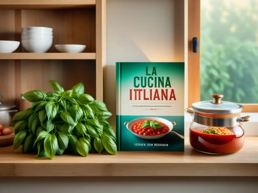 Una escena de cocina italiana tradicional con libros de cocina apilados y una máquina de pasta, evocando la autenticidad culinaria