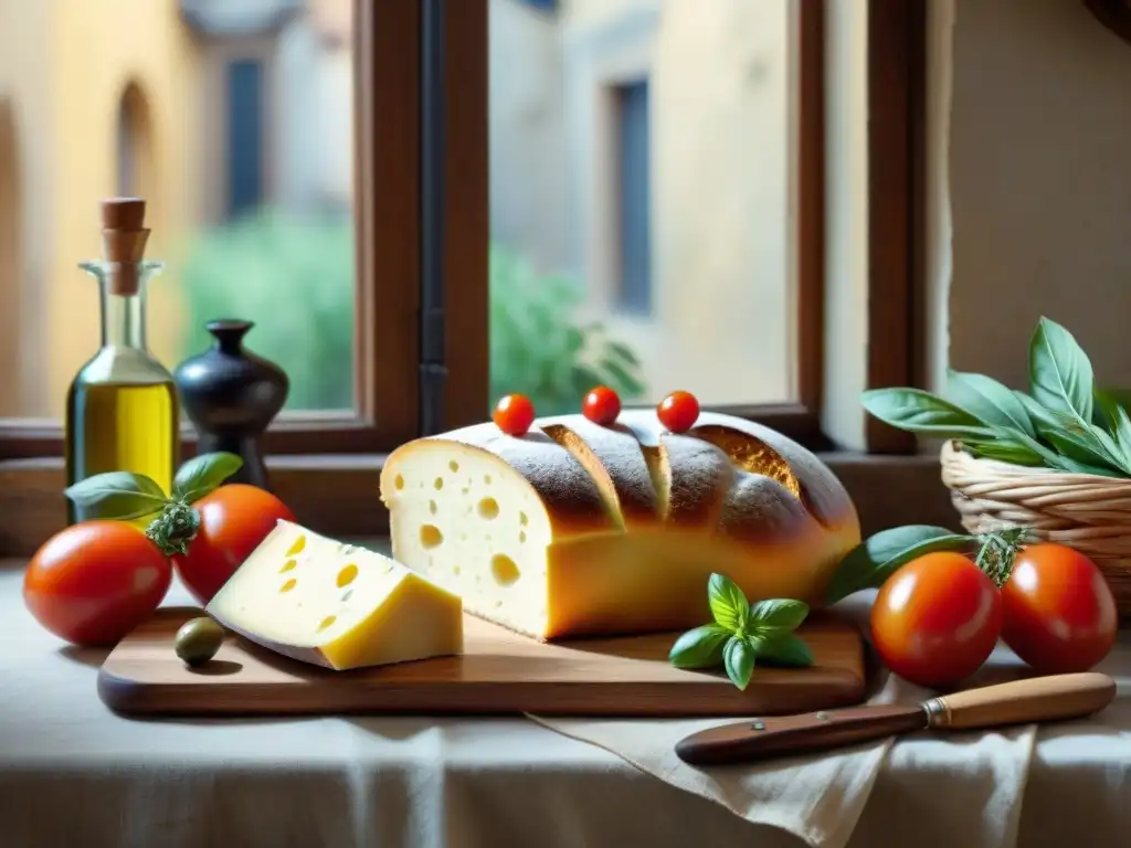 Una escena de cocina italiana tradicional con ruedas de queso Stracchino y ingredientes frescos