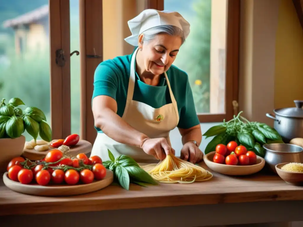 Una escena de cocina italiana tradicional con ingredientes frescos y una nonna amasando pasta, iluminada por el sol