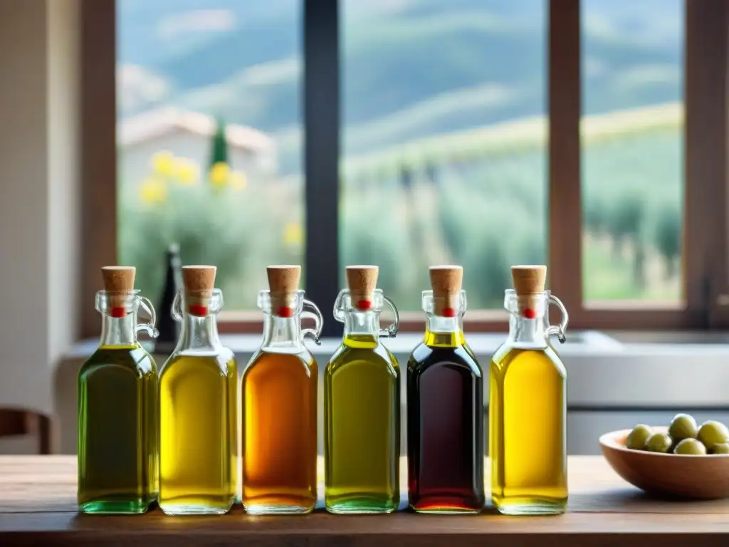 Una escena de cocina italiana tradicional con aceites de oliva aromatizados gourmet en elegantes botellas de vidrio sobre una mesa de madera rústica