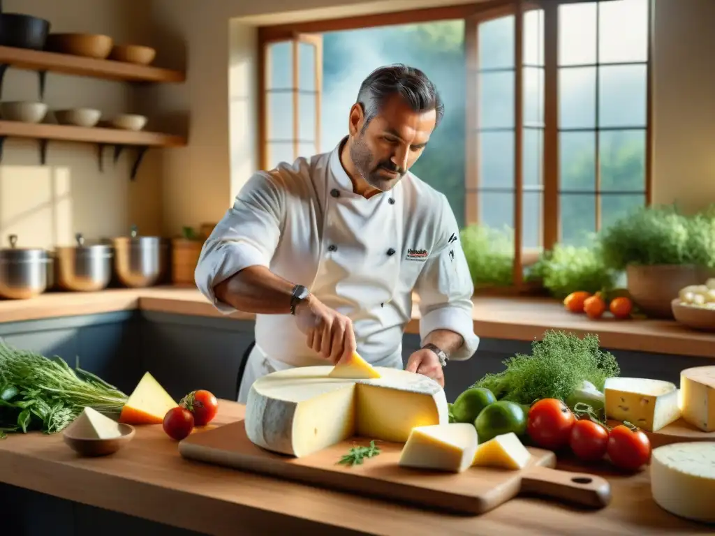 Escena de cocina italiana tradicional con chef cortando Fontina