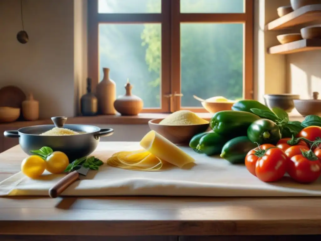 Una escena de cocina italiana tradicional: mesa rústica con productos frescos, utensilios vintage, chef amasando pasta, luz cálida