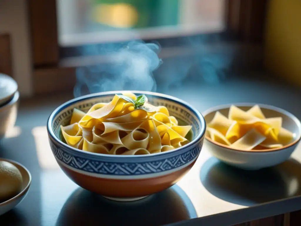 Escena italiana de cocina con pasta fresca en bol de cerámica artesanal Una escena de cocina italiana tradicional con influencia cerámica artesanía