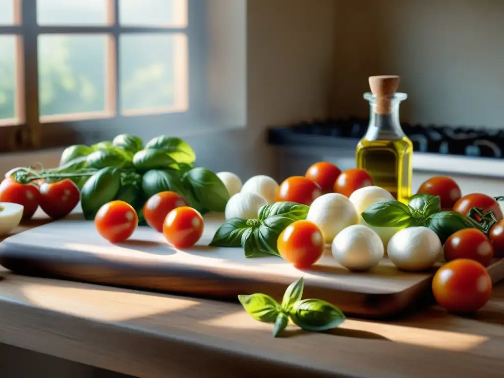 Una escena de cocina italiana tradicional con ingredientes frescos para una receta auténtica Insalata Caprese