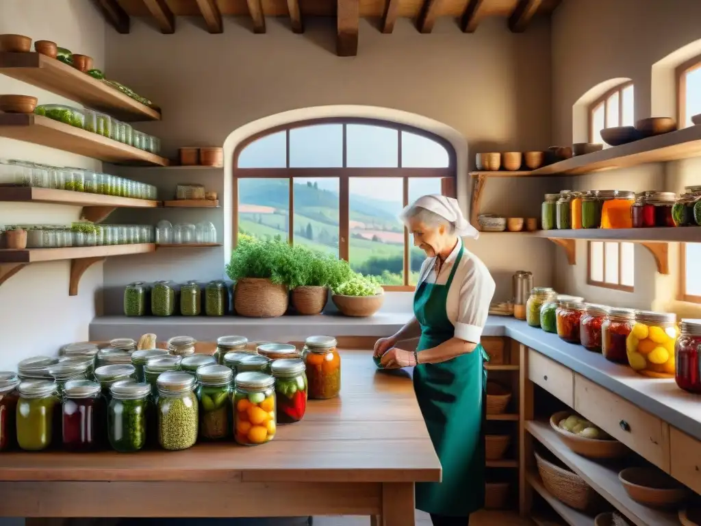 Escena de cocina italiana tradicional con mujeres preparando conservas al estilo italiano