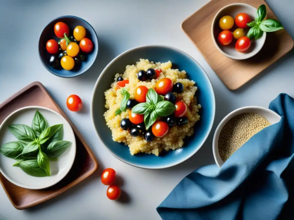 Una escena de cocina italiana tradicional con un toque moderno y coloridas recetas de quinoa italiana saludables