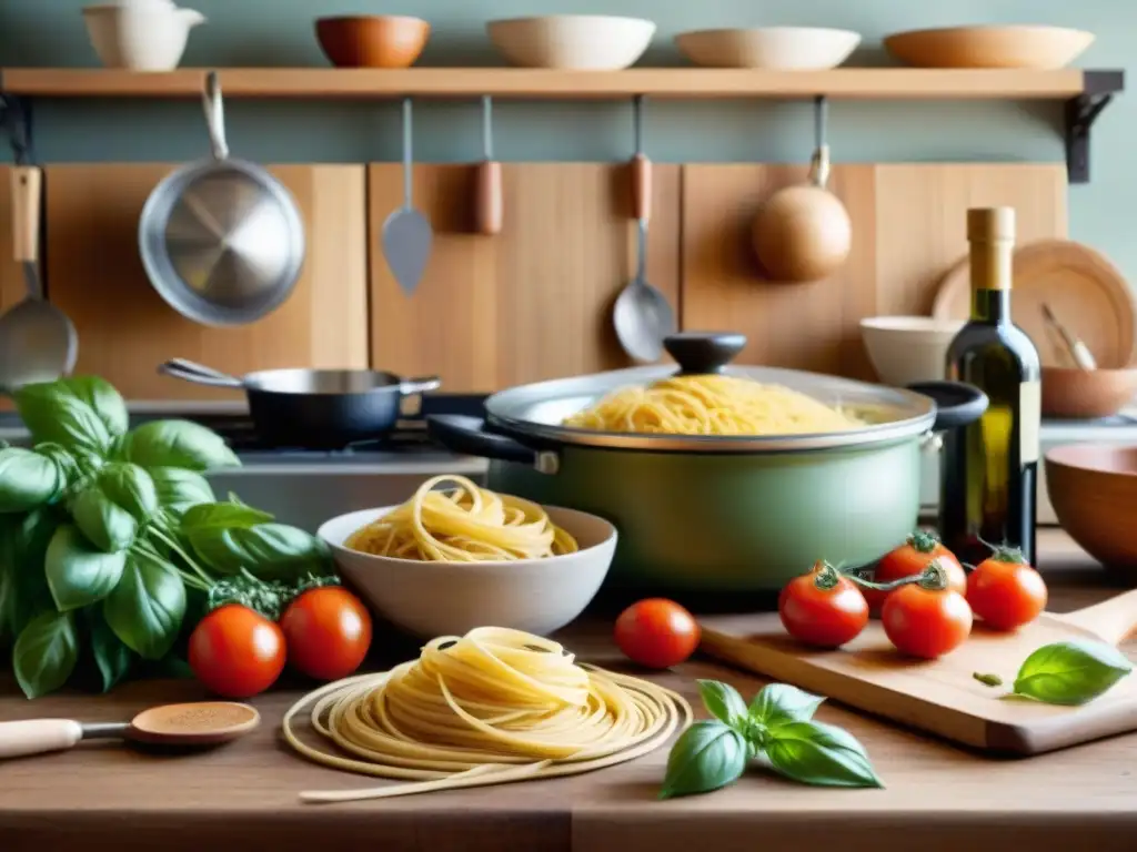 Escena de cocina italiana con utensilios auténticos y una nonna preparando pasta tradicional