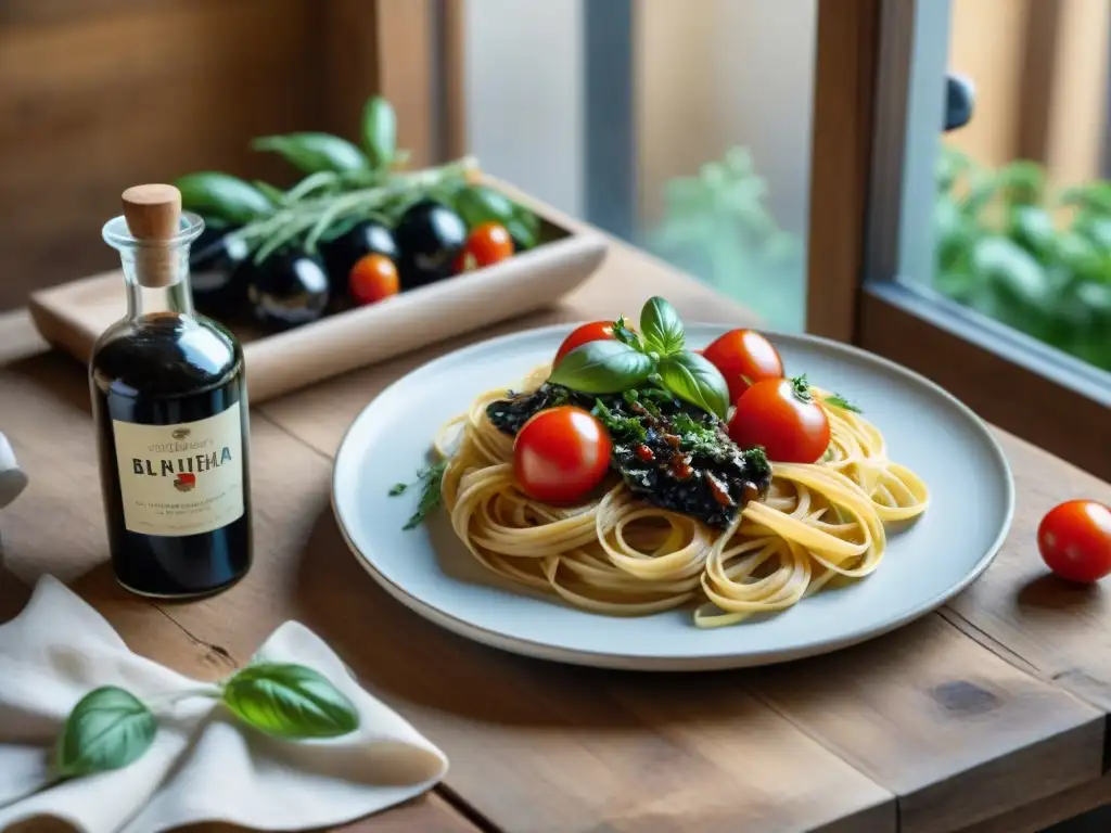 Una escena de cocina italiana con Vinagre Balsámico de Módena, hierbas frescas y tomates sobre una mesa rústica de madera