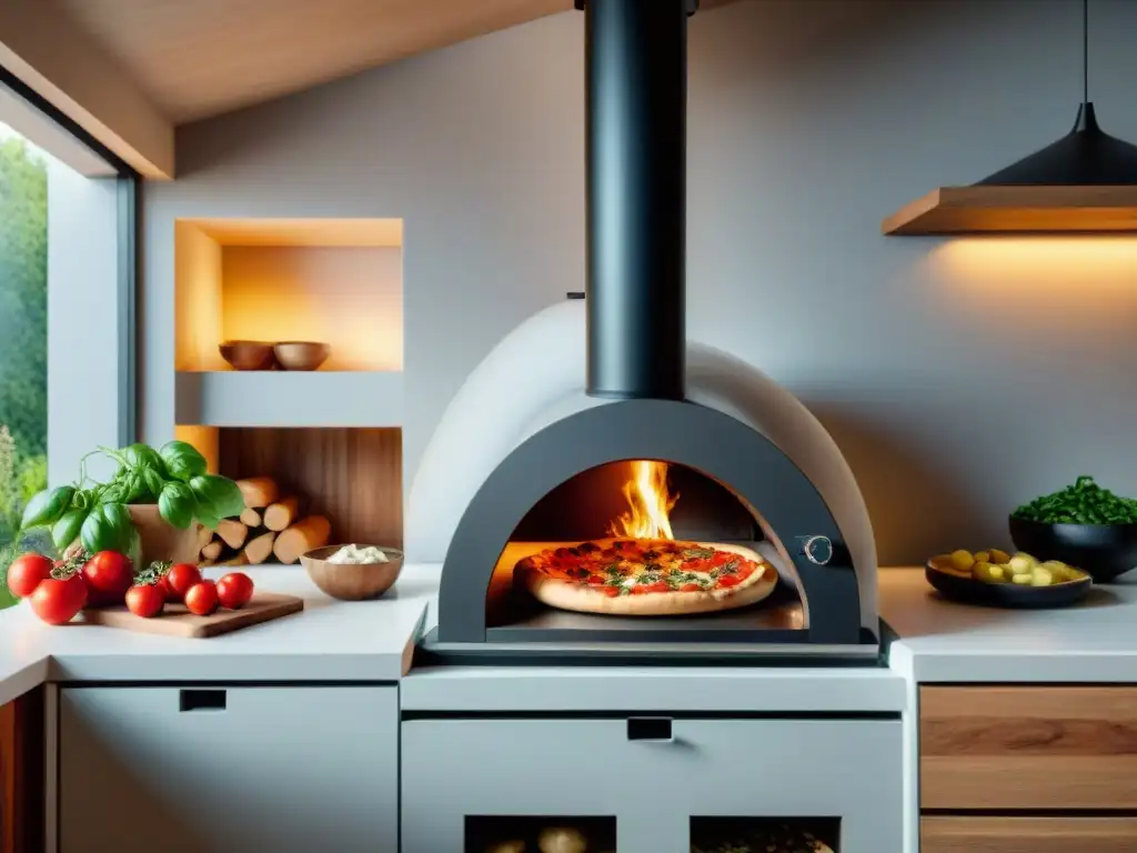 Escena de cocina moderna con horno de pizza casero de última generación iluminado y pizza perfectamente cocida