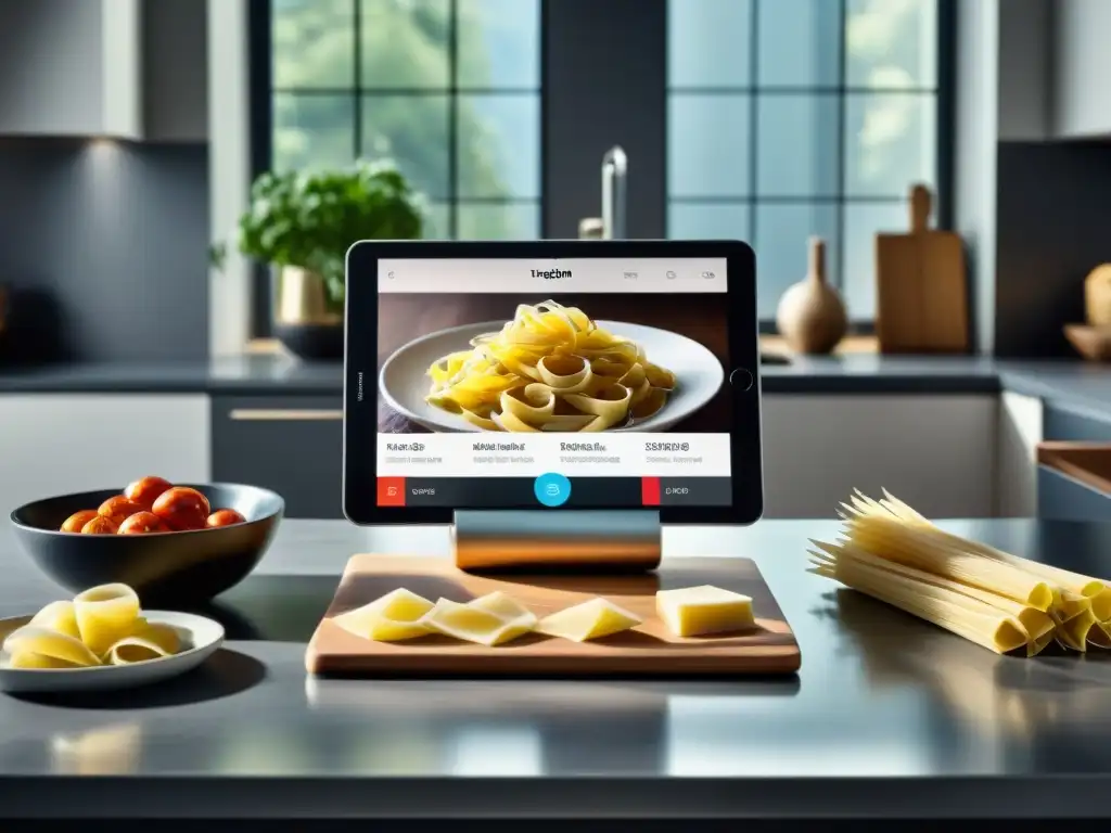 Escena de cocina moderna con soportes tablet cocina chefs digitales y gadgets italianos de alta tecnología