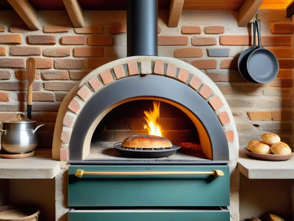 Escena cálida en una cocina rústica con horno de leña, panes y pizzas horneándose