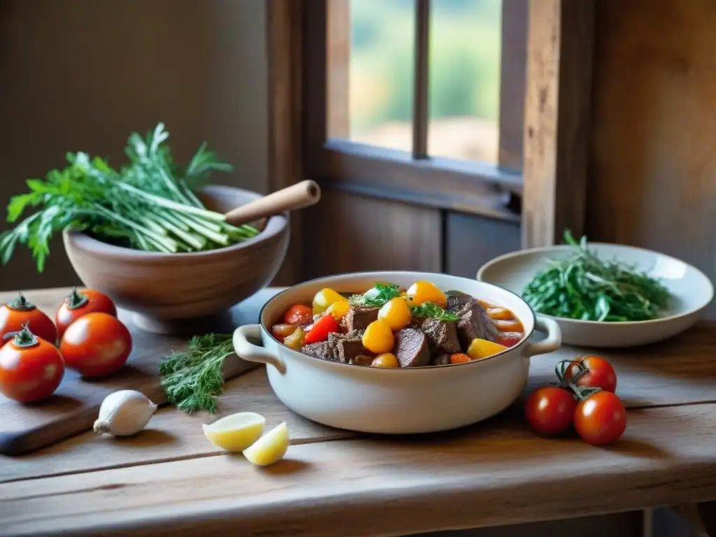 Una escena de cocina rústica con ingredientes frescos y coloridos en una mesa de madera envejecida, iluminada por luz natural