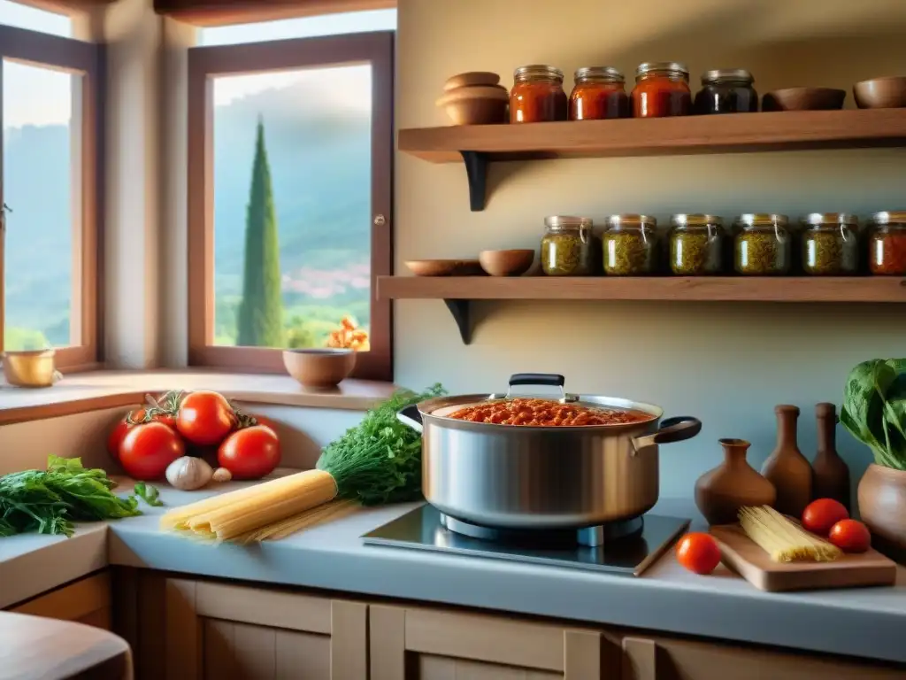 Una escena de cocina rústica en Calabria, Italia, con una nonna italiana tradicional removiendo un rico ragú en una estufa vintage