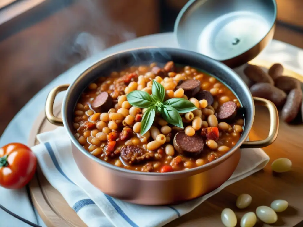 Una escena de cocina rústica con una receta tradicional de Fagioli con Salsiccia, en una olla de cobre antigua