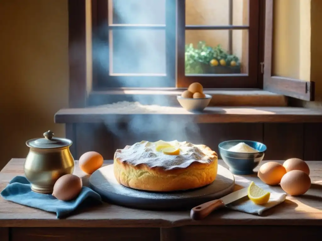 Cálida escena de cocina en la Toscana con ingredientes para la receta tradicional Torta della Nonna