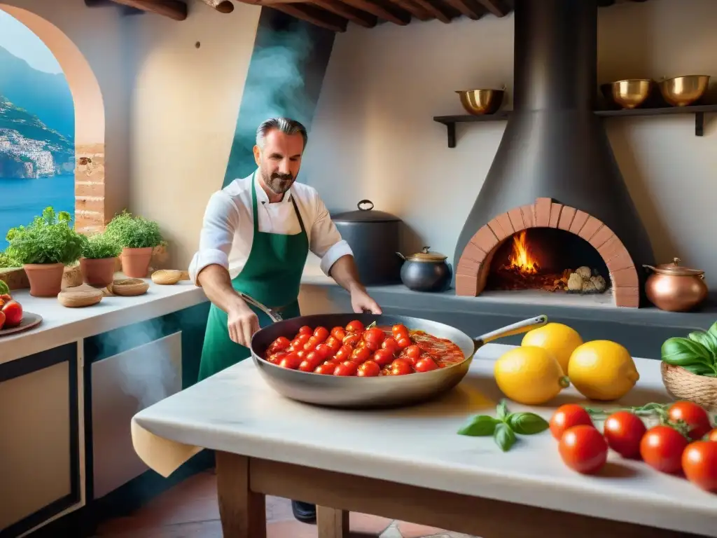 Escena de una cocina tradicional italiana en la Costa Amalfitana, con productos locales frescos y una nonna cocinando salsa de tomate