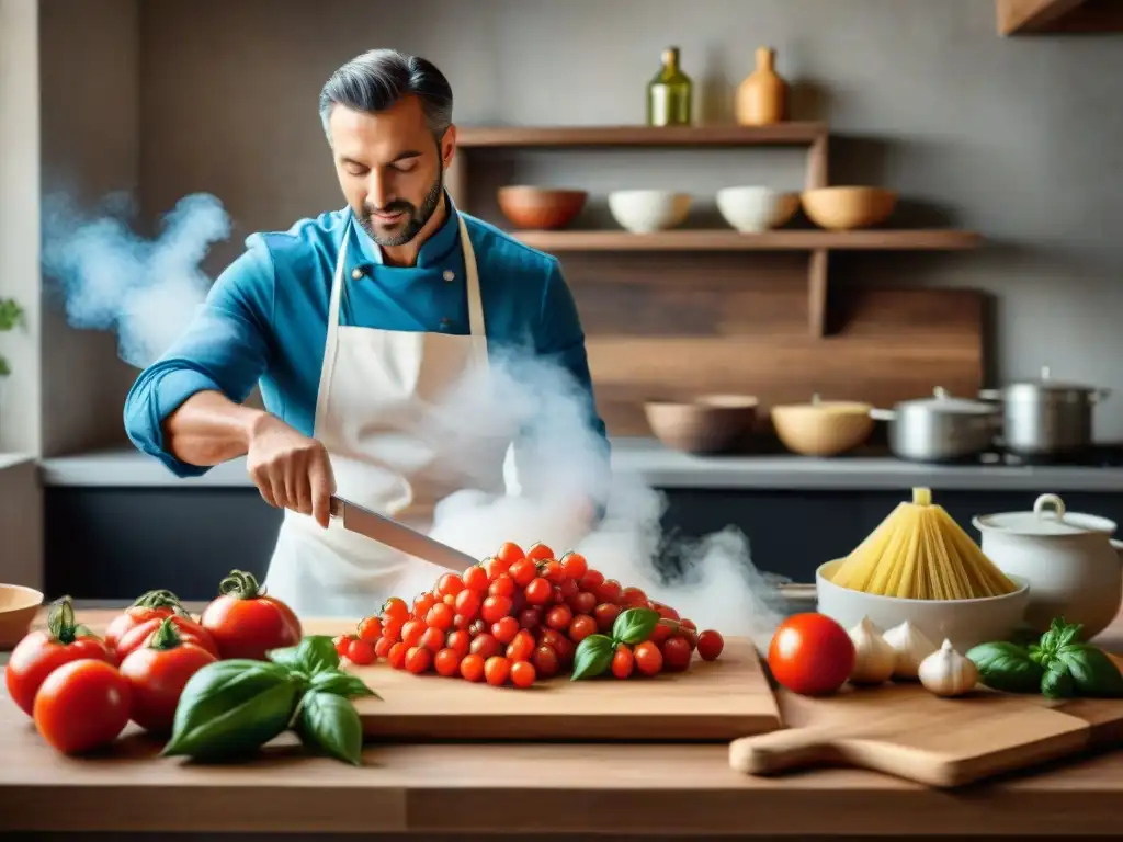 Escena colorida de cocina italiana con ingredientes frescos