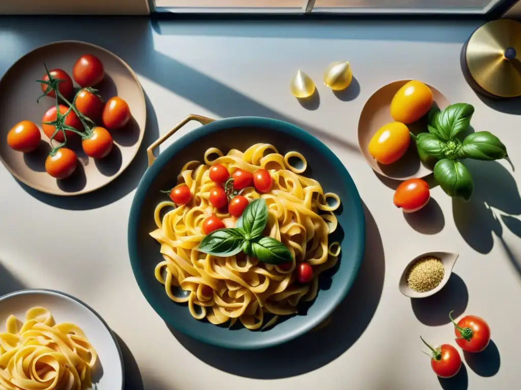 Una escena colorida y nostálgica: mesa de madera con ingredientes frescos, pasta dorada, tocadiscos y canciones italianas para cocinar