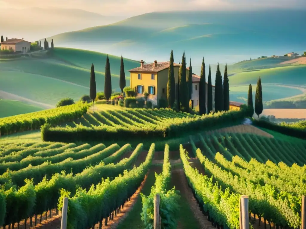 Una escena conmovedora de agroturismo italiano: tres generaciones de una familia tradicional trabajando juntas en un viñedo al atardecer