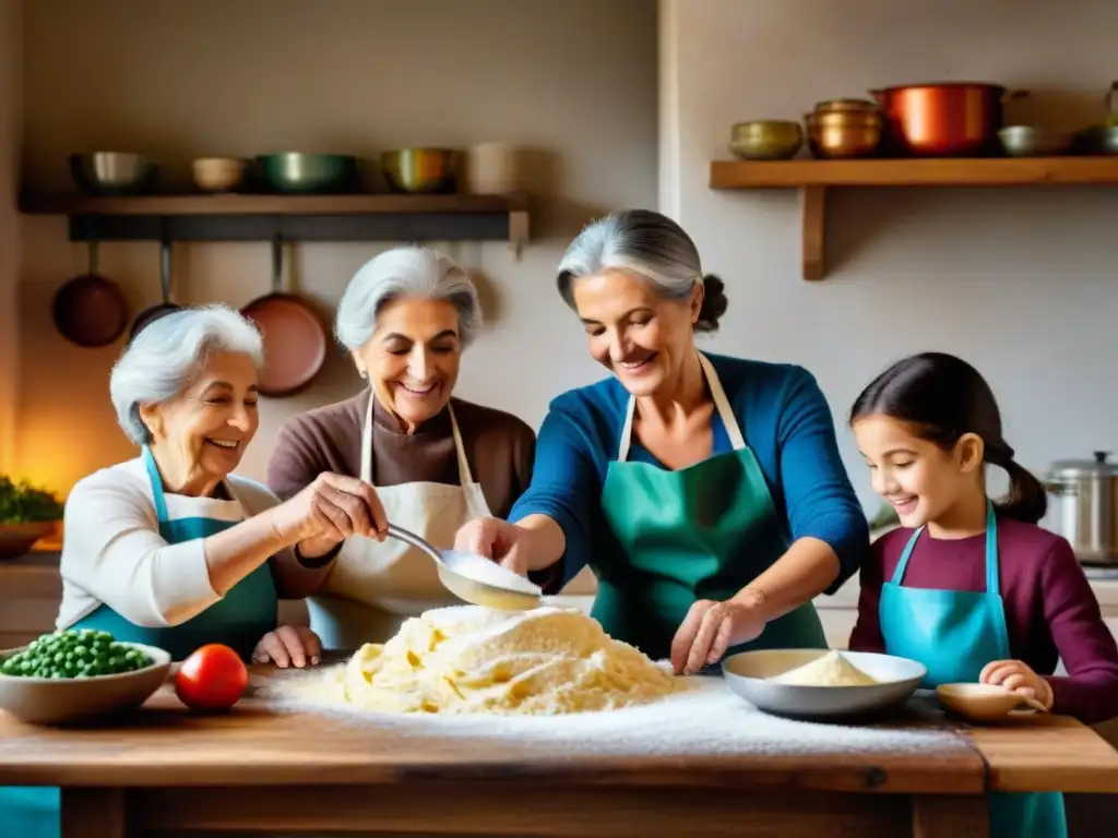 Una escena conmovedora de una familia italiana preparando recetas familiares italianas tradicionales alrededor de una mesa de cocina rústica