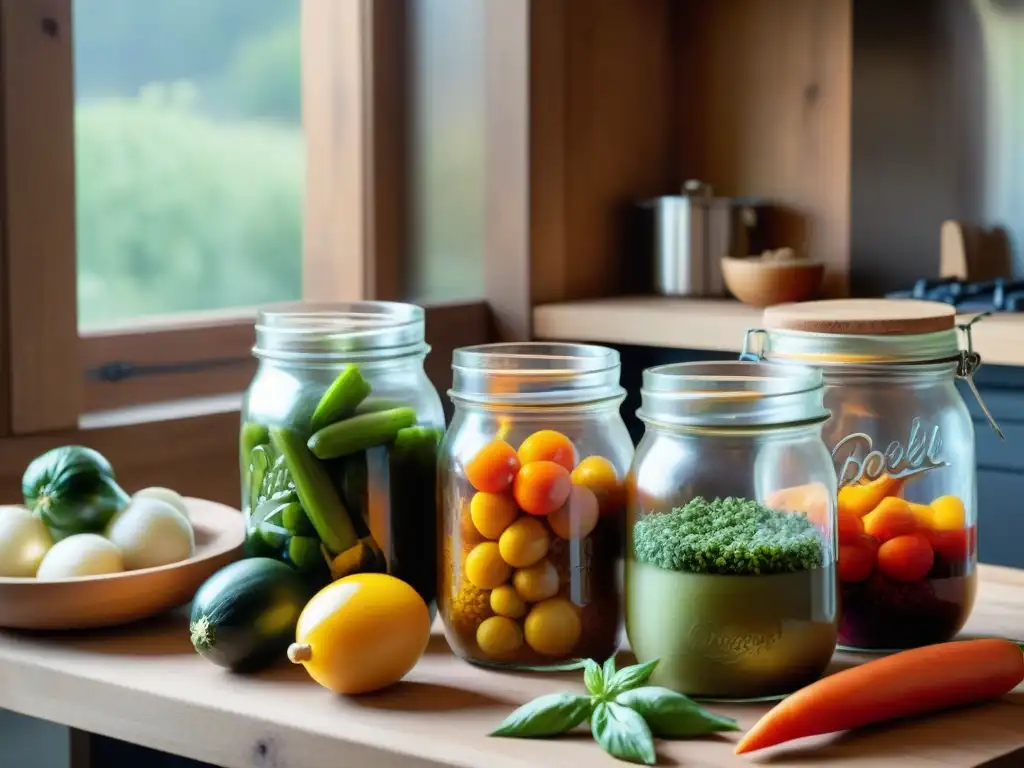 Escena de conservas italianas: tarro vintage lleno de vegetales encurtidos, rodeado de herramientas tradicionales en una cocina rústica