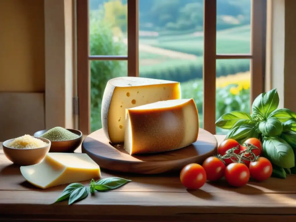 Escena cultural: Cocina italiana tradicional con queso Parmigiano Reggiano envejecido y ingredientes frescos