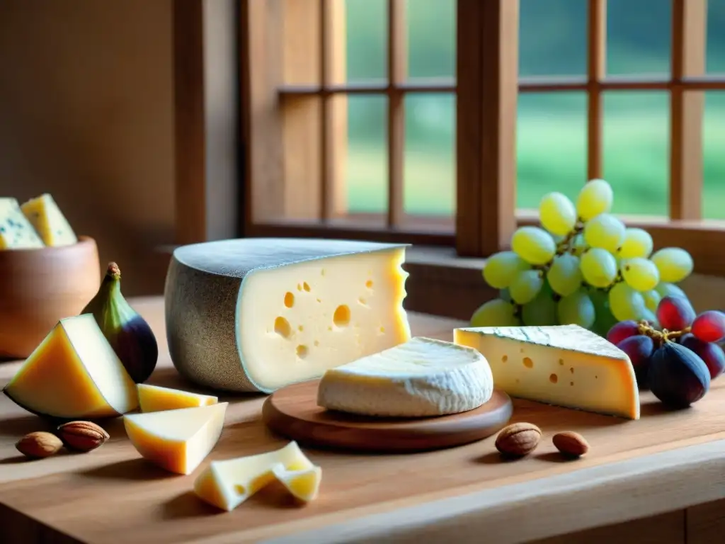 Una escena de degustación de quesos italianos tradicionales en una cocina rústica de granja