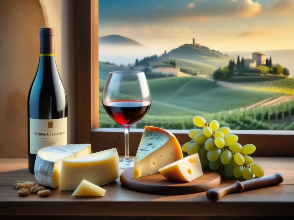 Exquisita tabla de quesos italianos y vino Sangiovese Una escena deliciosa: maridaje Sangiovese con quesos italianos en una mesa rústica