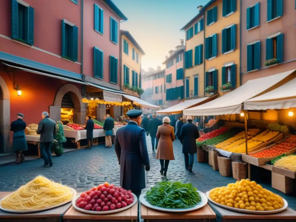 Escena detallada de un animado mercado italiano con colores vibrantes y arquitectura histórica