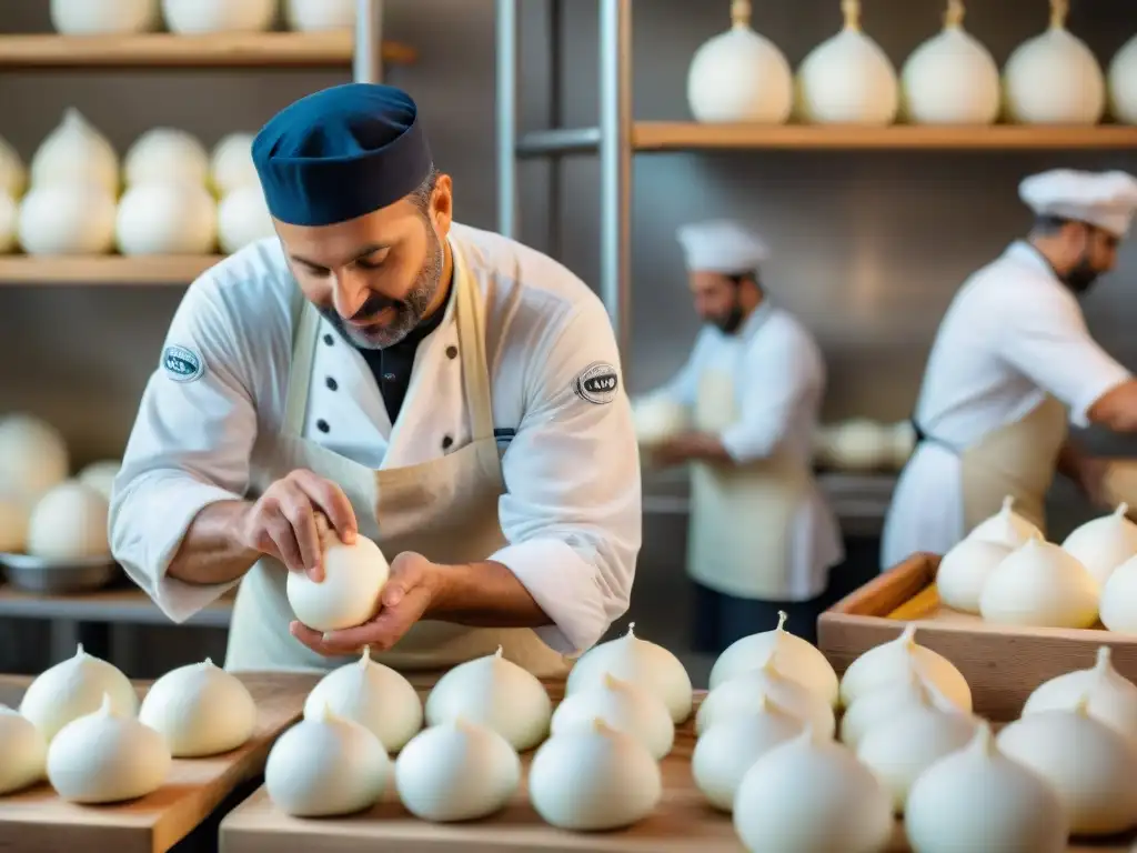 Escena detallada de la elaboración artesanal de burrata en una fábrica de queso italiana