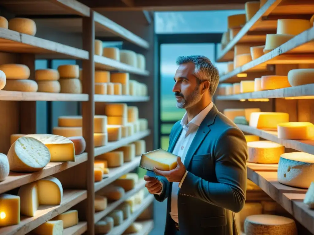 Escena detallada de una bodega de quesos italiana, con variedades tradicionales como Parmigiano Reggiano y Gorgonzola