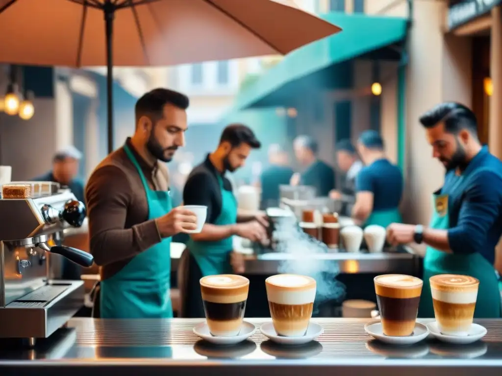 Escena detallada de un bullicioso café italiano al amanecer, con baristas preparando espresso y clientes disfrutando afuera