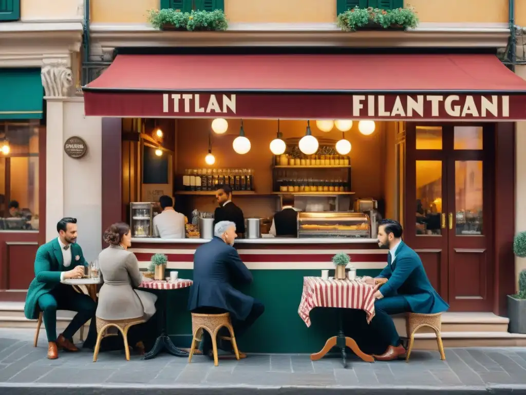 Escena detallada de un bullicioso café italiano del siglo XX con clientes disfrutando espresso bajo toldos rayados