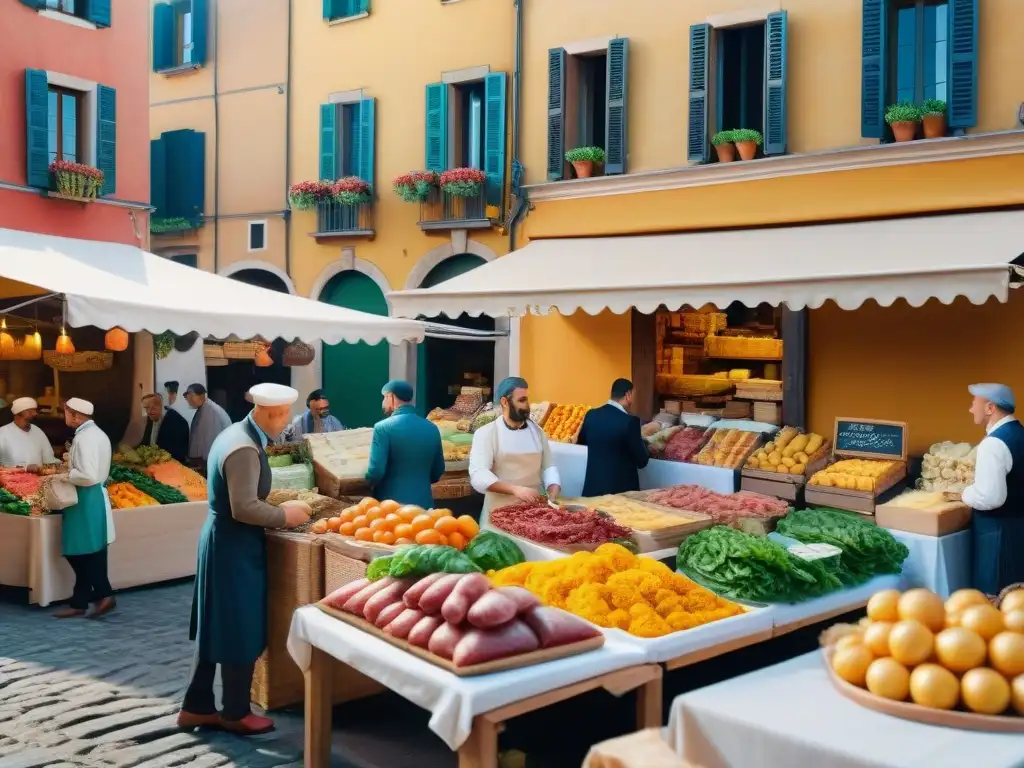 Escena detallada de un bullicioso mercado italiano renacentista con vendedores ofreciendo comida bajo toldos coloridos