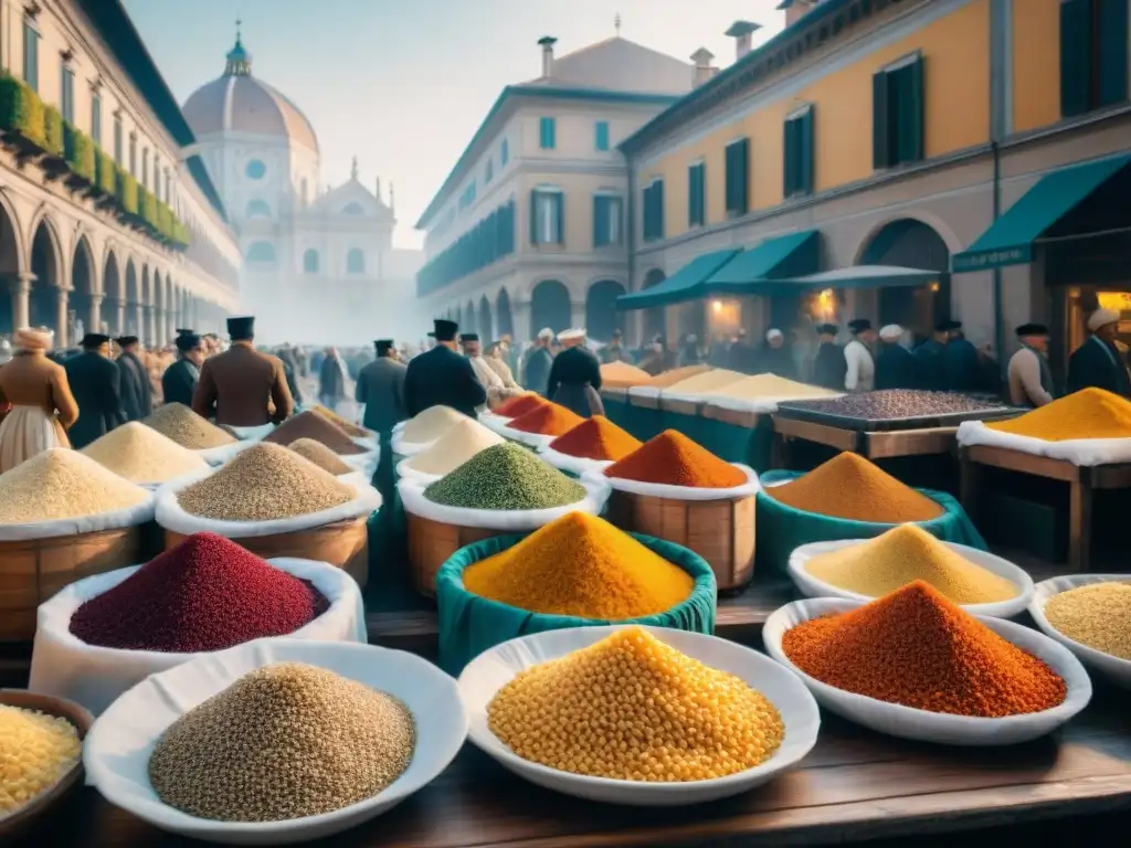 Escena detallada del bullicioso mercado en Milán en el siglo XVIII, con ingredientes para el origen del risotto alla milanese