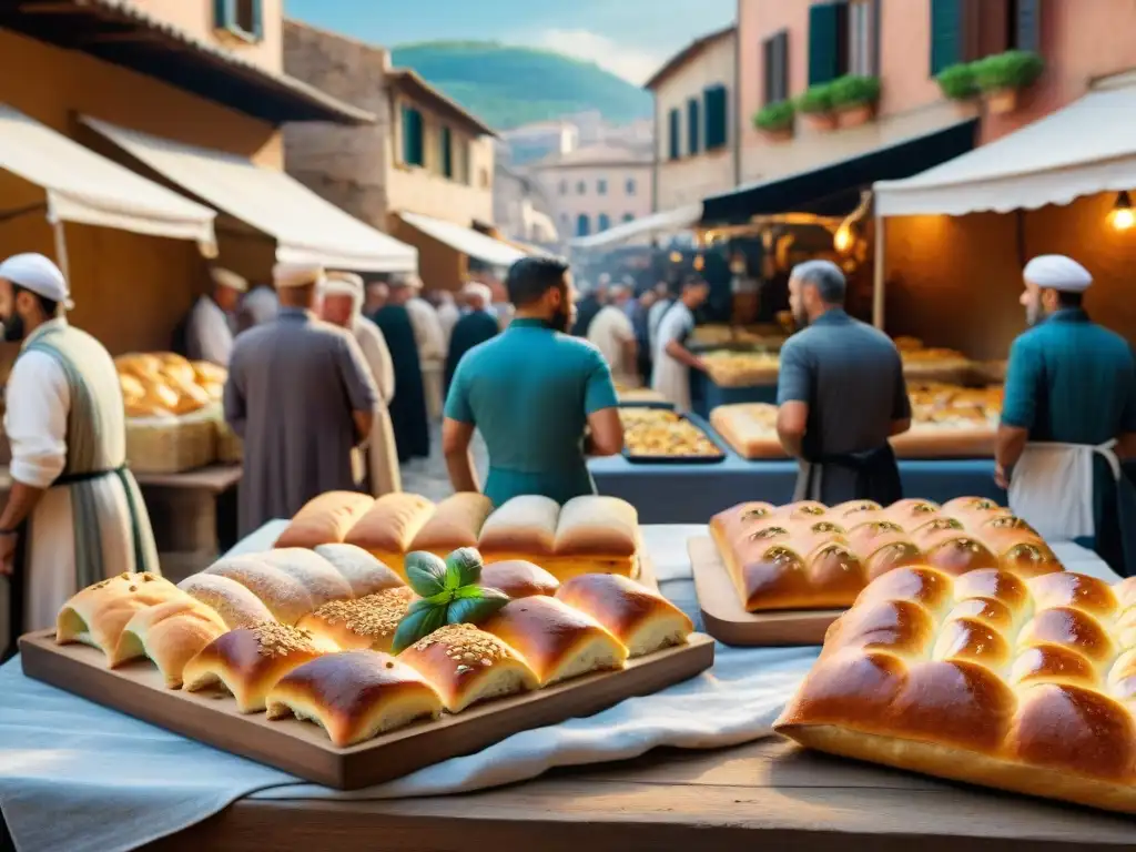 Escena detallada de un bullicioso mercado romano antiguo, con vendedores y clientes haggling por focaccia fresca