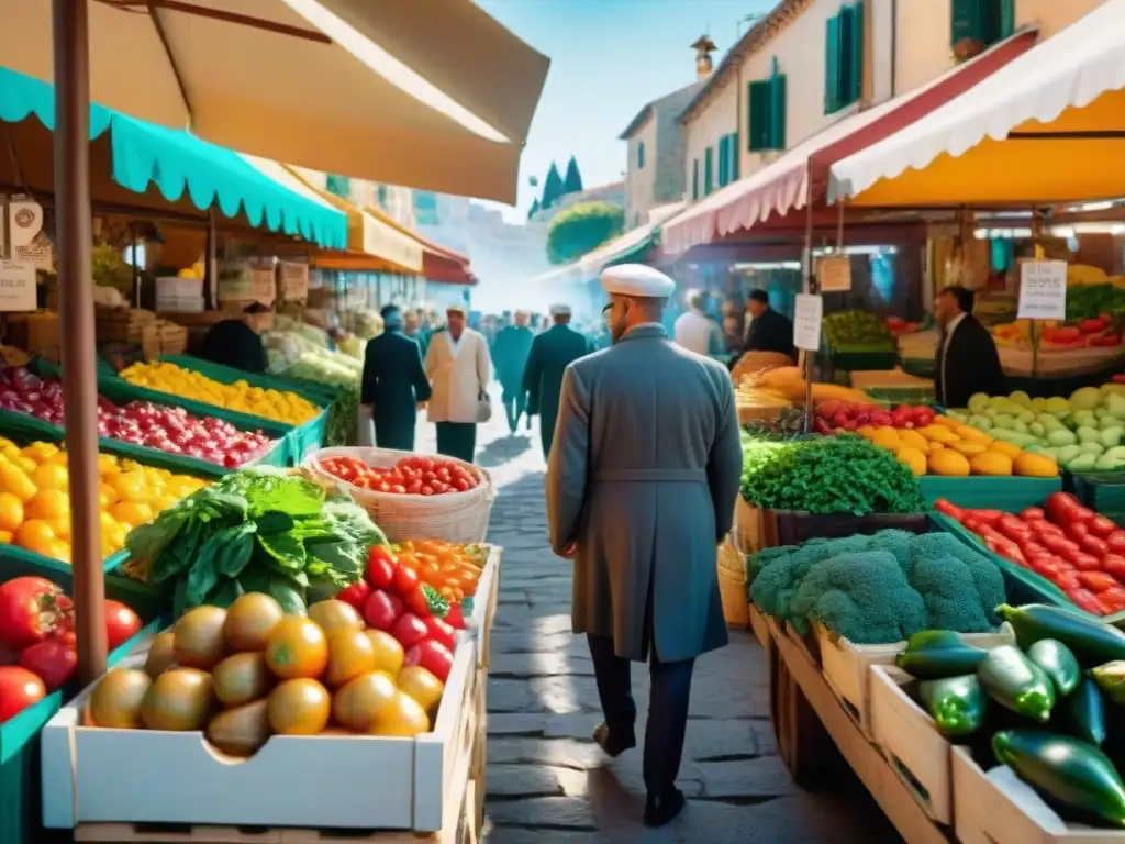 Escena detallada de un bullicioso mercado mediterráneo con colores vibrantes y productos frescos