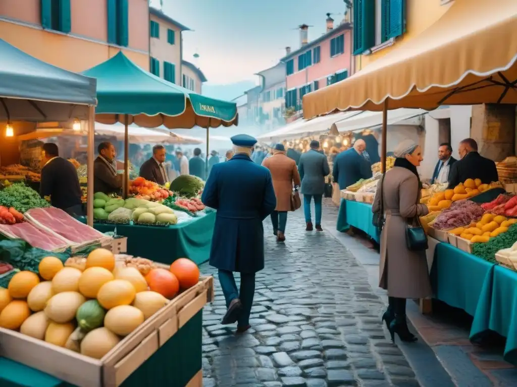 Escena detallada de un bullicioso mercado italiano, con puestos llenos de productos frescos bajo sombrillas coloridas