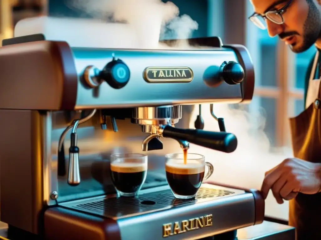 Escena detallada de una cafetería en Roma con barista preparando espresso