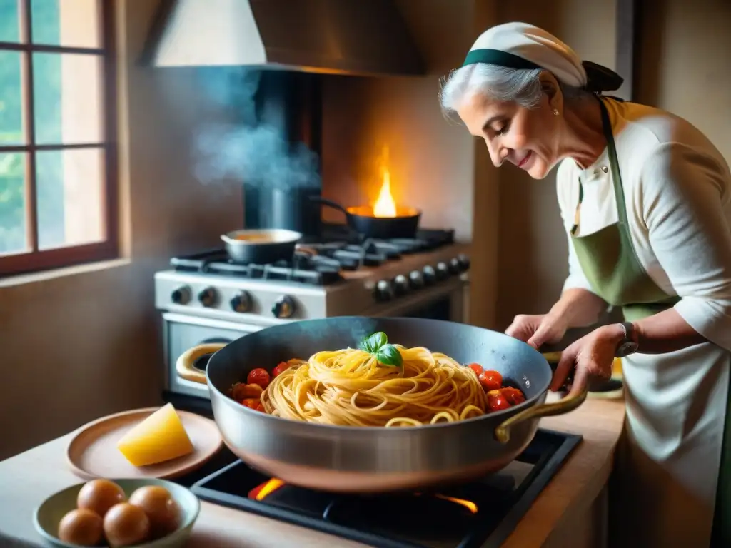 Una escena detallada de una cocina italiana clásica con platos tradicionales en una mesa de madera rústica, iluminada por el sol