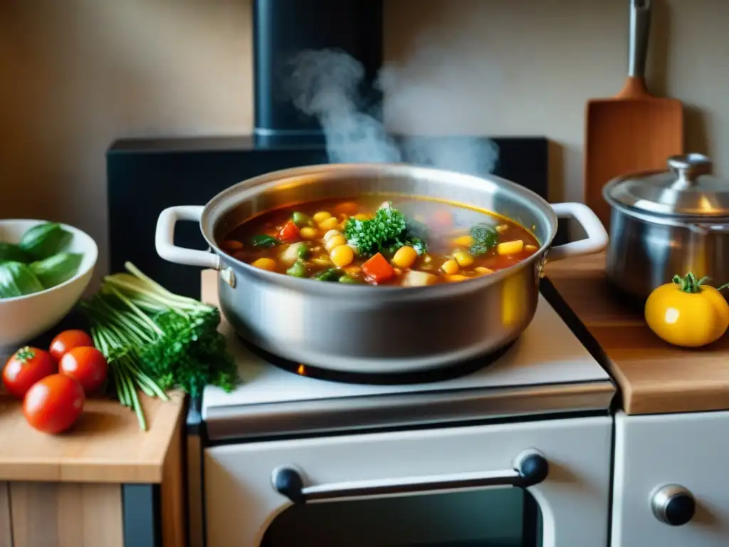 Escena detallada de una cocina italiana rústica con una olla burbujeante de Minestrone en una estufa vintage