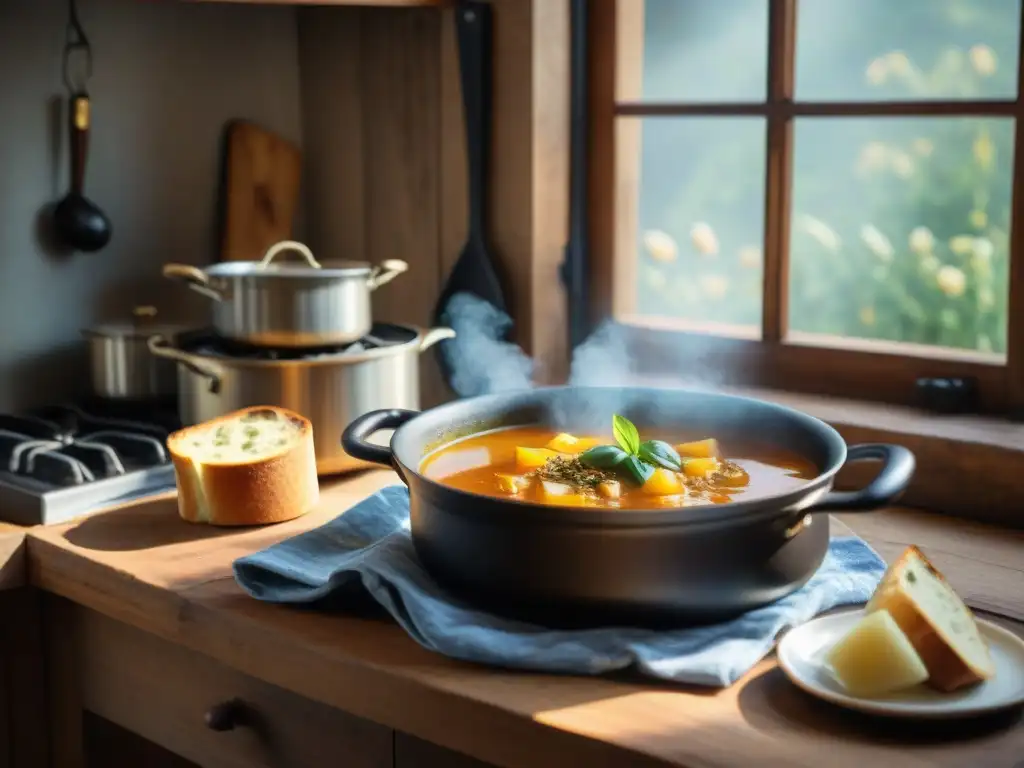 Escena detallada de cocina italiana rústica con Sopa de ajo italiano tradicional burbujeando en la estufa vintage