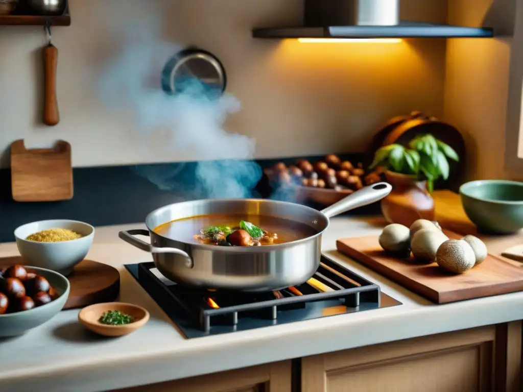 Una escena detallada de una cocina italiana rústica con una olla humeante de sopa de castañas italiana casera en una estufa vintage