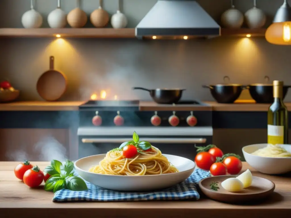 Una escena detallada de una cocina italiana con platos rápidos, como espaguetis, ensalada Caprese y arancini, en un ambiente acogedor y cálido