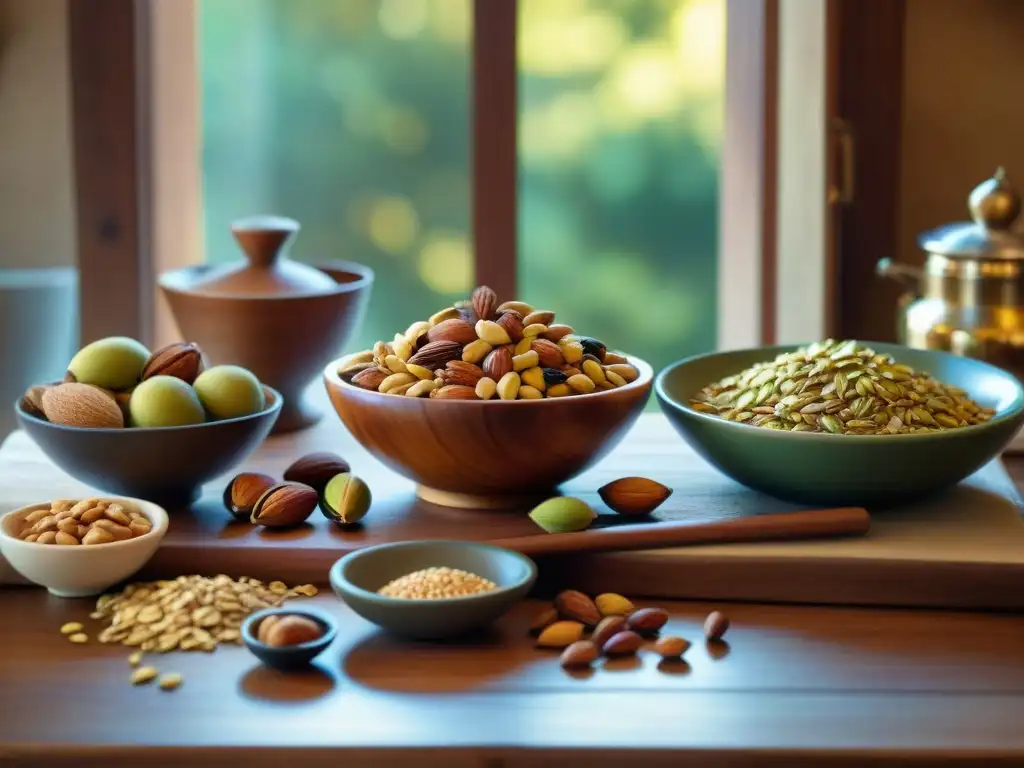 Escena detallada de cocina italiana con frutos secos y semillas Una escena detallada de una cocina italiana tradicional con ingredientes naturales