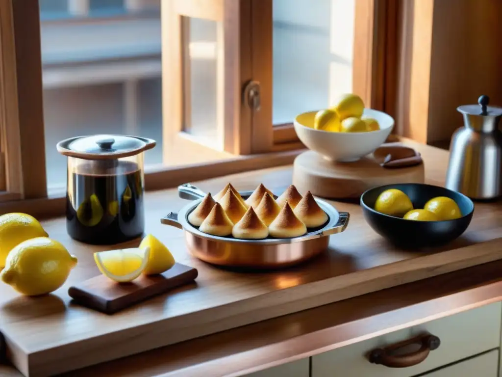 Escena detallada de una cocina italiana tradicional con utensilios de cocina para postres exquisitos en un ambiente cálido y acogedor