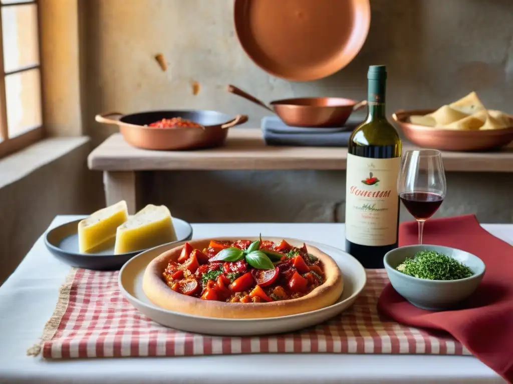 Una escena detallada de una cocina italiana rústica con platos italianos tradicionales exclusivos