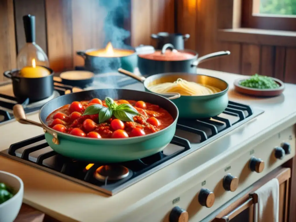 Una escena detallada de una cocina italiana rústica con salsas tradicionales para cocinar en la estufa