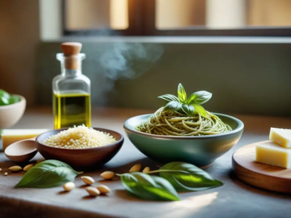 Escena detallada de una cocina italiana tradicional preparando pesto genovés