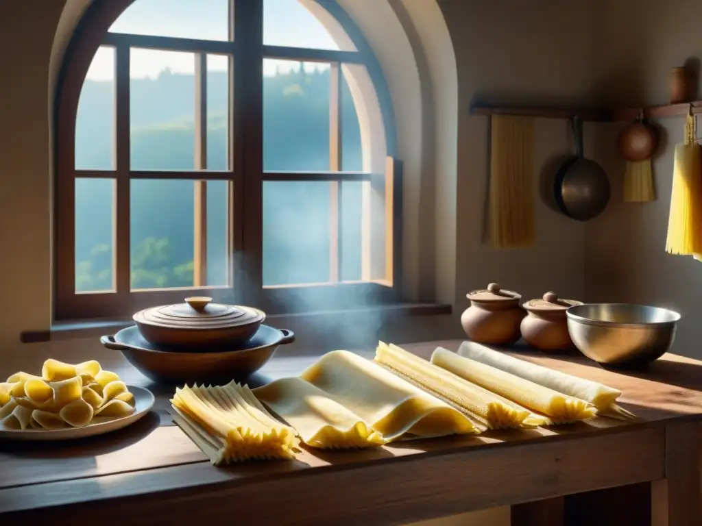 Una escena detallada de una cocina italiana tradicional con pasta casera secándose al sol en un ambiente cálido y acogedor